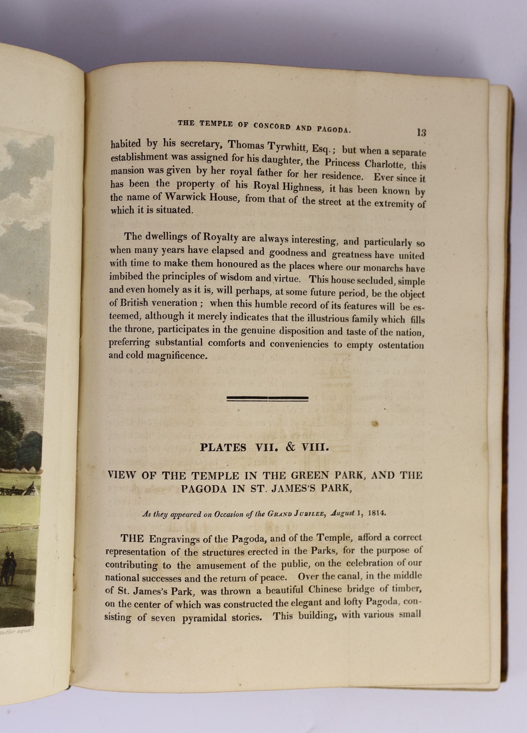 Papworth, John Buonarotti - Select Views of London, 1st edition in book form, 8vo, diced calf, with 76 hand-coloured plates, 5 of which are folding, R. Ackermann, London, 1816